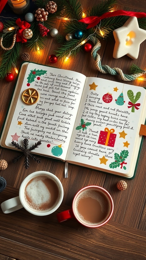 A Christmas journal spread with decorations, stickers, and notes on a wooden table with pine branches and hot cocoa.